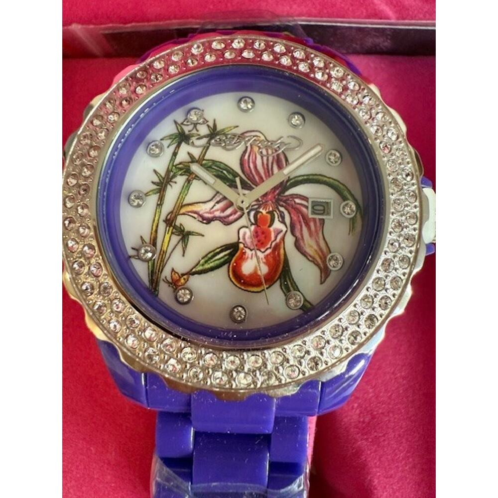NEW Ed Hardy Women’s Swarovski Elements Crystals Floral Purple Band Watch